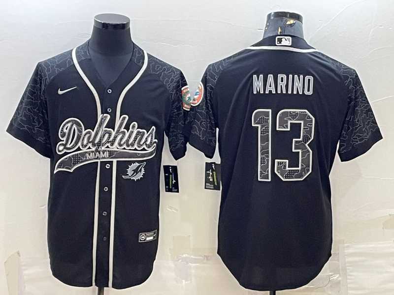 Men%27s Miami Dolphins #13 Dan Marino Black Reflective With Patch Cool Base Stitched Baseball Jersey